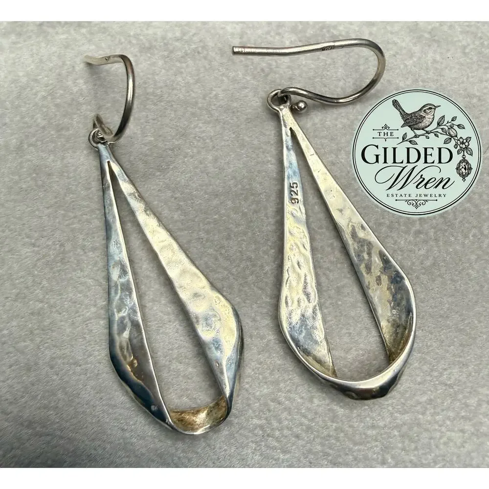 925 Sterling Silver Hammered Teardrop Ribbon Dangle Earrings 2.3” 4.54g